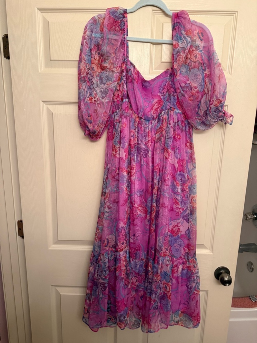 Storia Pink & Purple Floral Midi Dress with Puff Sleeves